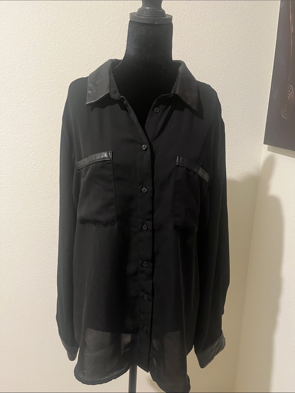 Black Button-Up Shirt with Contrast Trim